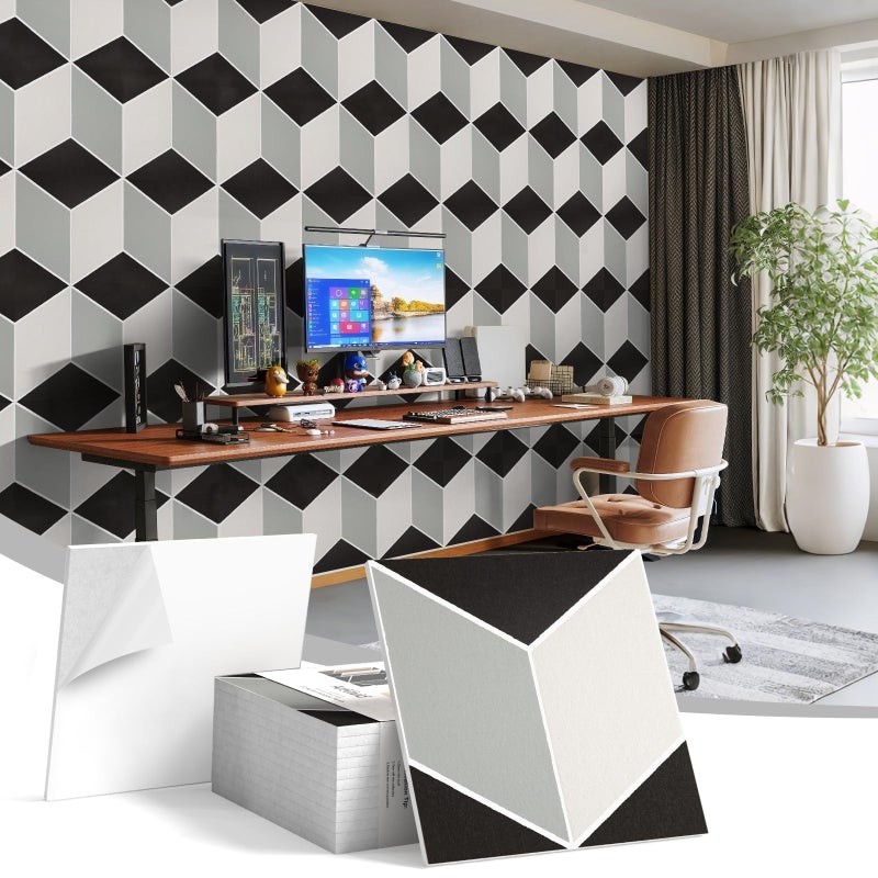 Zestaw 12 samoprzylepnych dźwiękoszczelnych paneli ściennych w stylu retro, czarno-białe, 30 x 30 cm, z samoprzylepnym spodem