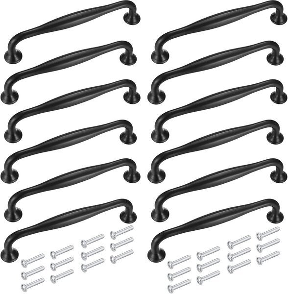 Set de 12 mânere din aluminiu negru de 128 mm, mânere pentru uși de mobilă, mânere de bucătărie, mânere pentru sertare cu șuruburi 12buc