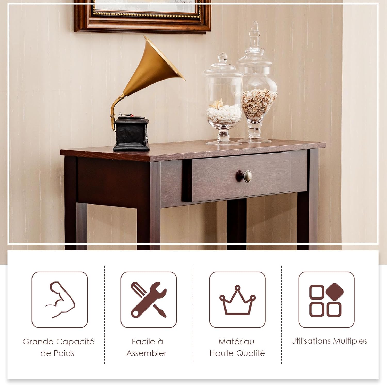 Table Console avec Tiroir, Table de Chevet avec Pieds en Bois Massif, Table d’Appoint pour Salon, Salle de Bain, Couloir (Marron) - 4