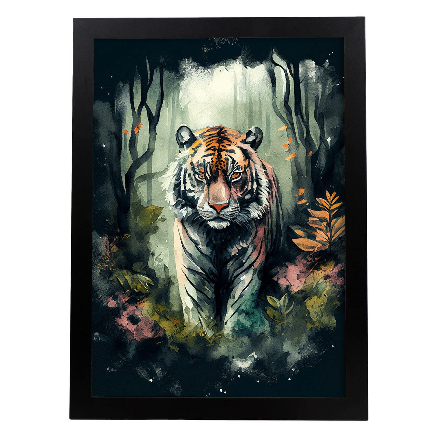 Nacnic poster de tigre en estilo acuarela ilustraciones a todo color de animales salvajes en la naturaleza y modelo 3 a3 con marco negro