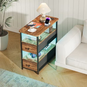 Fixwal Tavolino Stretto Con Luci LED RGB E Stazione Di Ricarica – Comodino Con 2 Cassetti In Tessuto, Per Piccoli Spazi, Nero