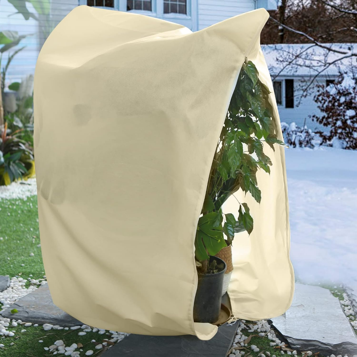 Husă de protecție împotriva înghețului pentru plante - Husă de iarnă pentru plante - cu șnur de strângere și fermoar - 180 cm x 240 cm bej
