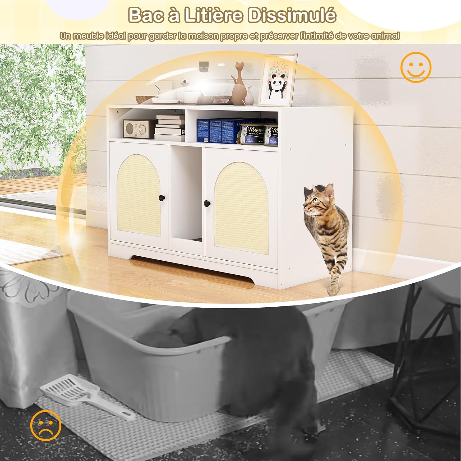 Móvel para caixa de areia para gatos, 108 x 50,5 x 73,5 cm, casa de banho para gatos de interior, 2 entradas, 2 compartimentos abertos - 5