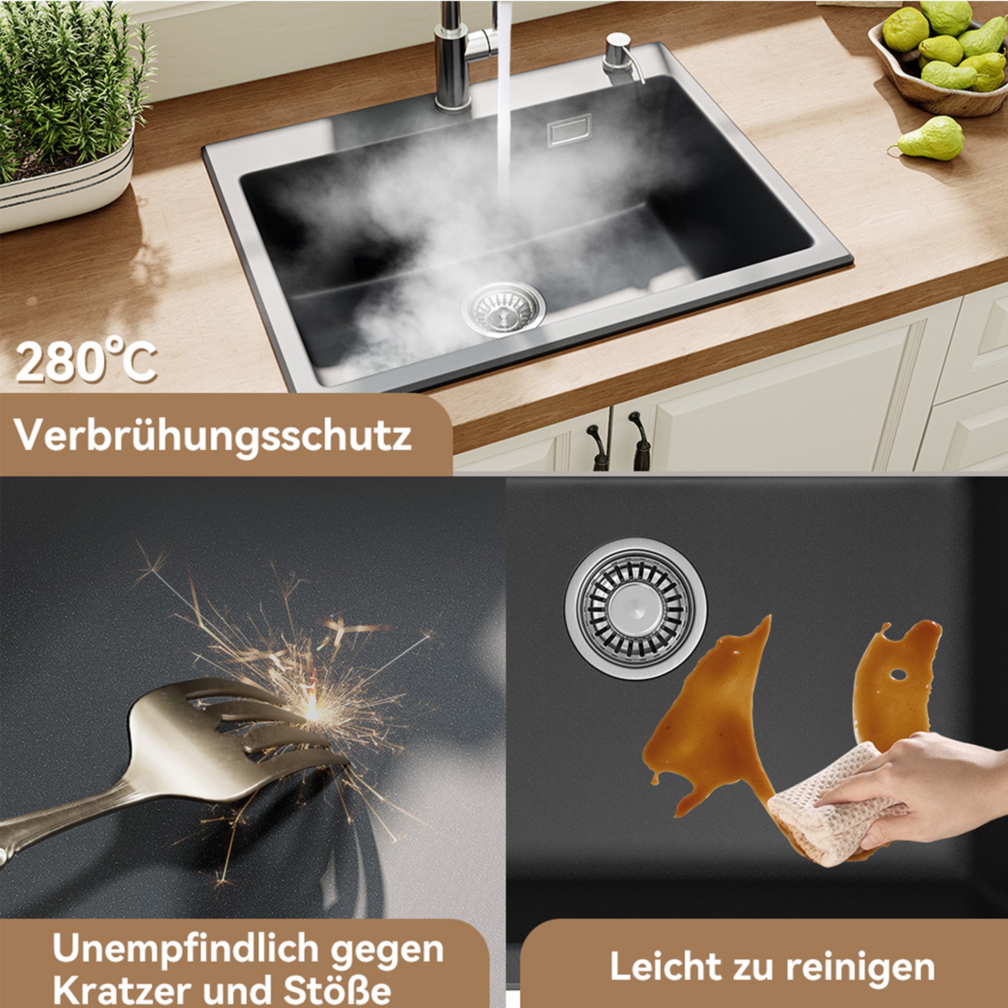 60x45 cm Évier de cuisine en quartz encastrable - évier encastré, grand évier de cuisine à 1 bac avec siphon, évier noir avec trou pour robinet HOROW - 4