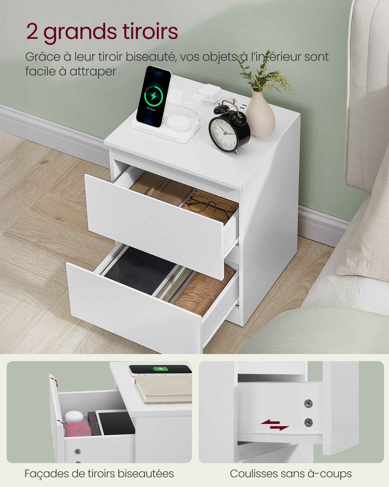 Lot de 2 Table de Chevet avec Multiprise, 2 Tiroirs, 2 Prises CA,2 Ports USB-A, pour Salon, Chambre, Bureau, Moderne, Blanc Nuage - 4