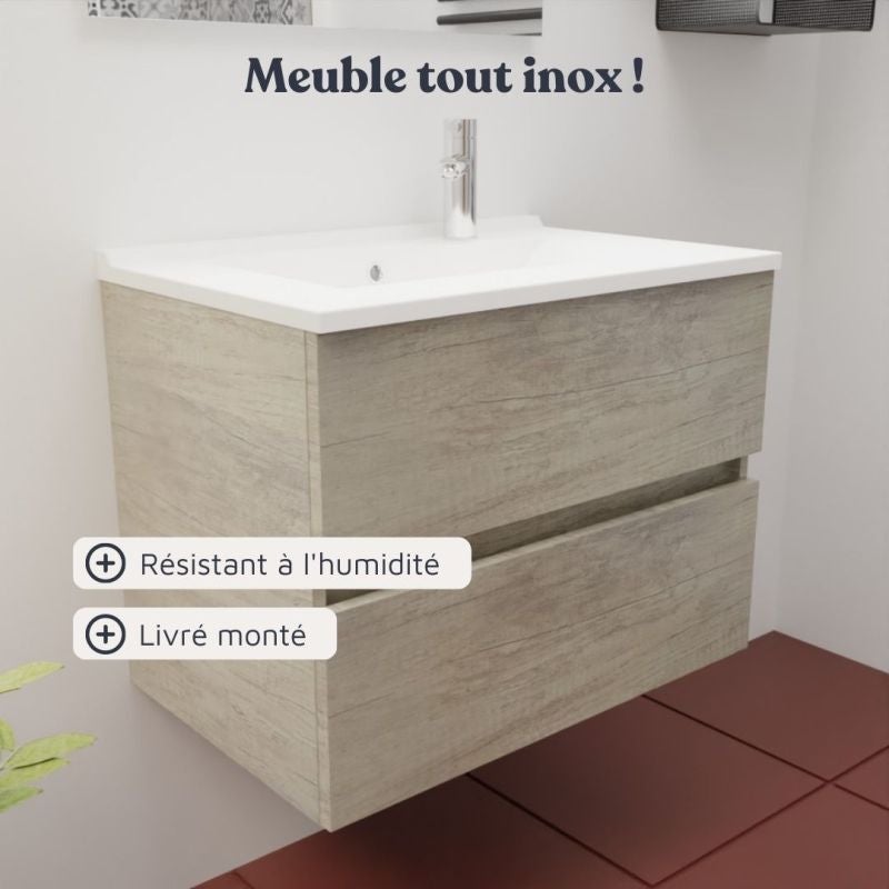 Meuble salle de bain suspendu 70 cm ROSALY INOX | coloris Bois | vasque en Résine - 4