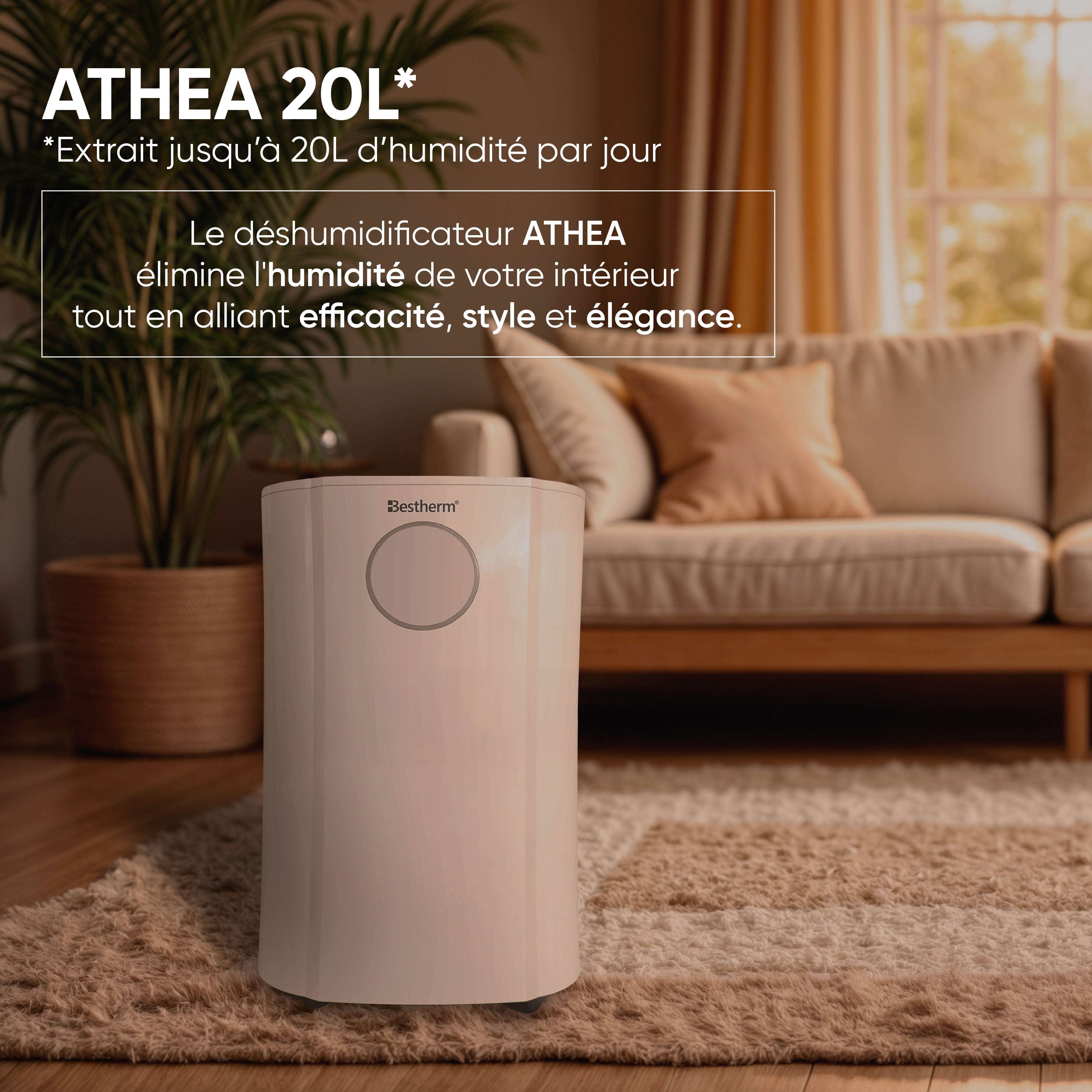 Déshumidificateur d'air BESTHERM - Athea 20L/jour, fonction purificateur d'air, filtre à charbon actif anti-odeurs, avec minuterie 24h - 4