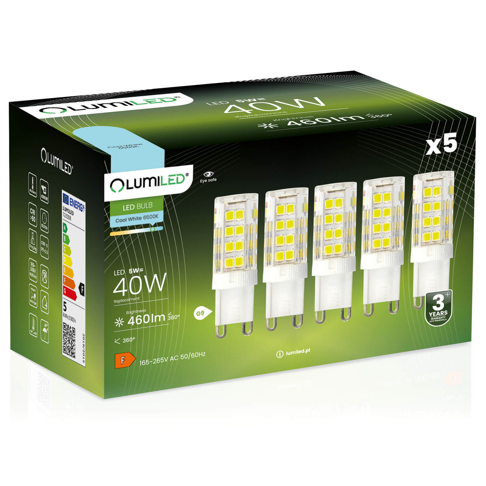 5x Żarówka Lumiled LED G9 Kapsułka 5W = 40W 460lm 6500K Zimna 360st