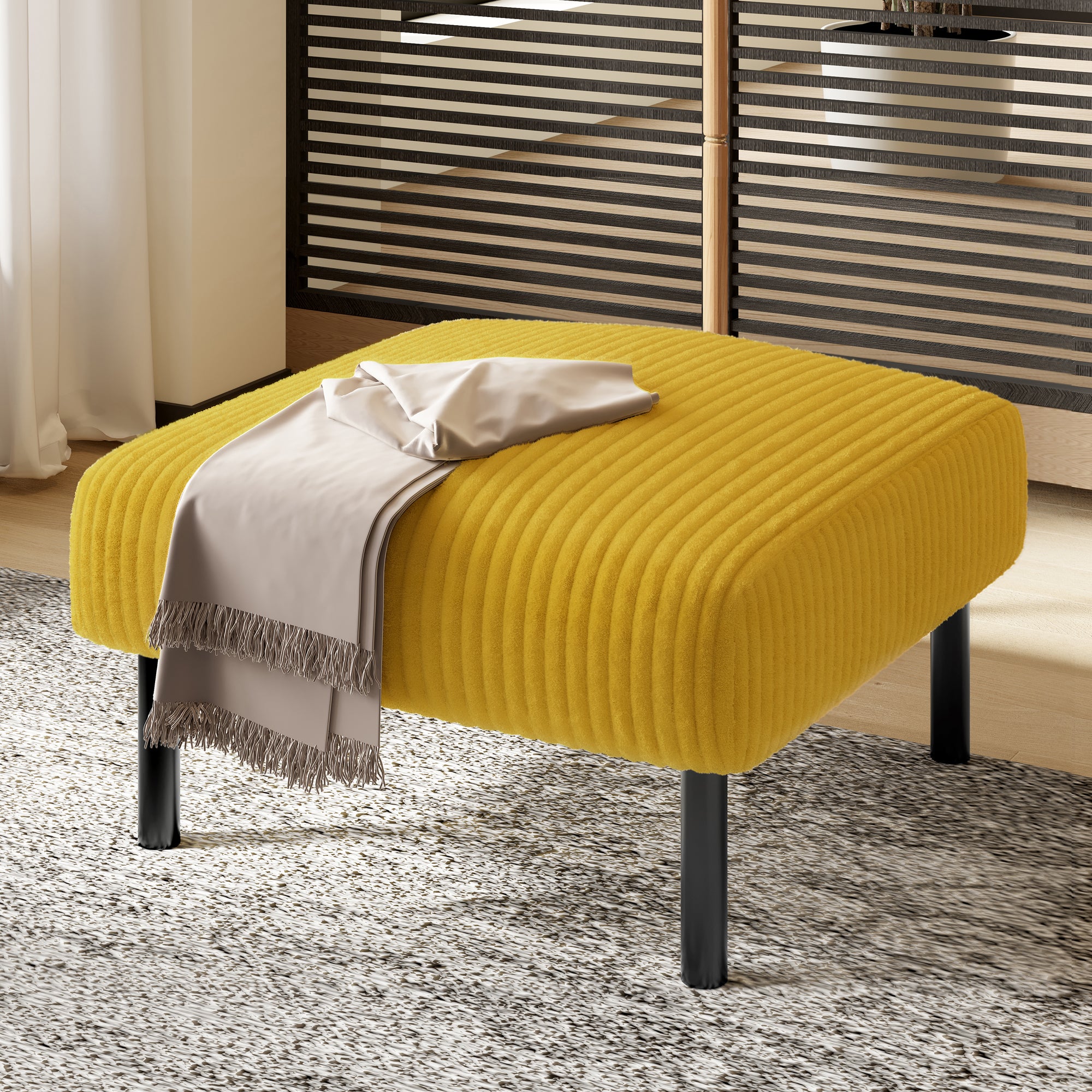 Stołek, puf - 56 x 51 x 39 cm - sztruks i metalowe nogi - żółty