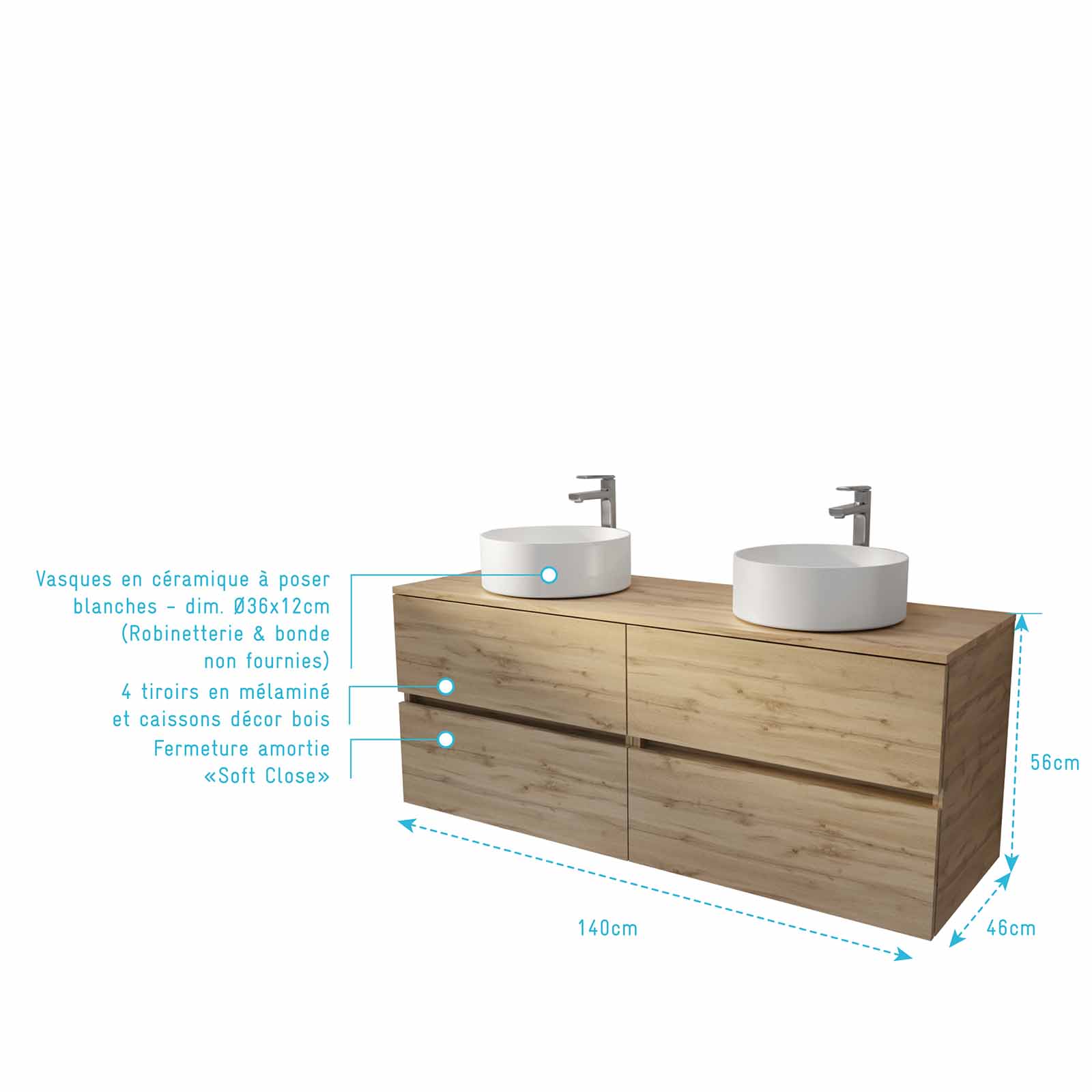 Meuble de salle de bains 140 TIMBER Décor Chêne - 4 Tiroirs - 2 Vasques Rondes Blanches 36cm - 4