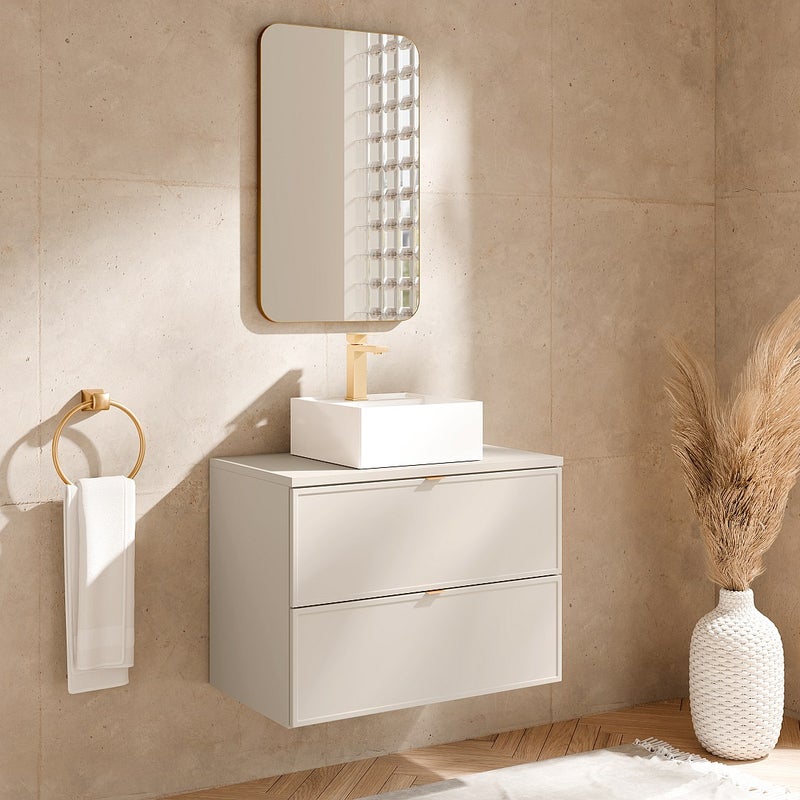 Wisząca szafka łazienkowa z kwadratową umywalką nablatową – Beżowa – 80 cm – ONDIL