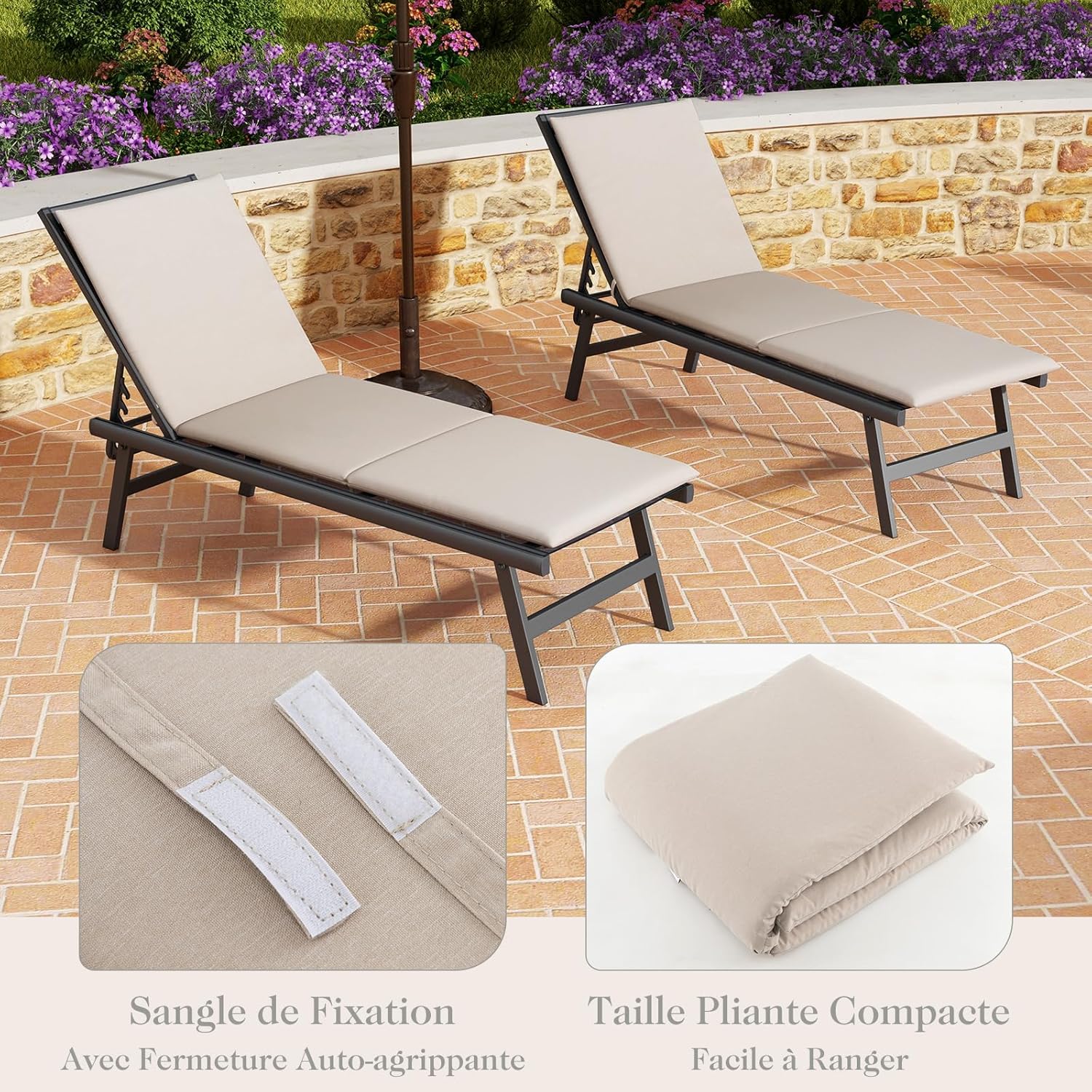 Coussin Bain de Soleil, Coussin Épais pour Chaise Longue d'Extérieur, Matelas Pliable pour Transat Extérieur, 182 x 59 x 4,5 cm (Beige,1) - 3