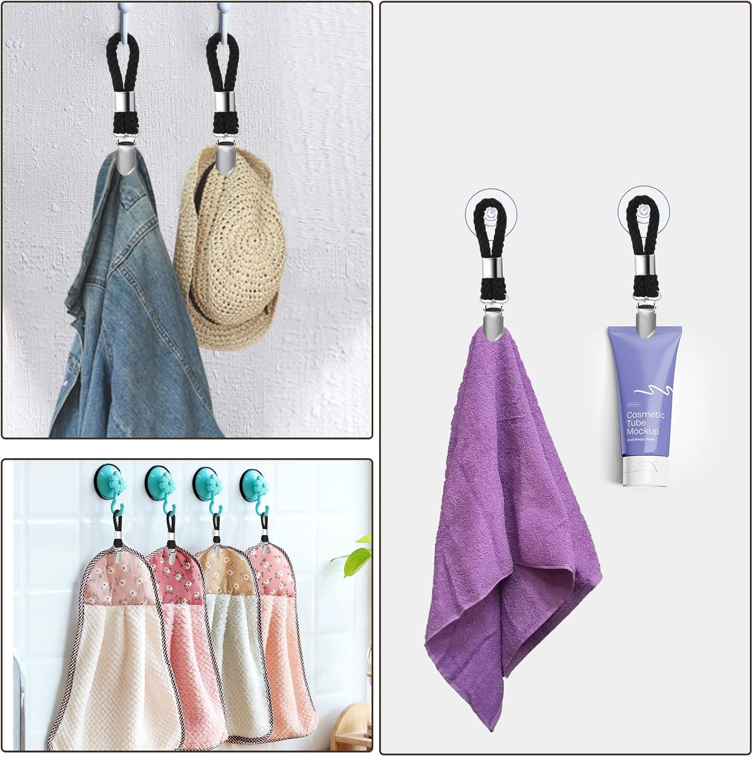4 Pinces à Serviette Avec Crochet - Porte-Torchon Pour Cuisine, Salle De Bain - 2 Couleurs, Coton Et Fer - 2