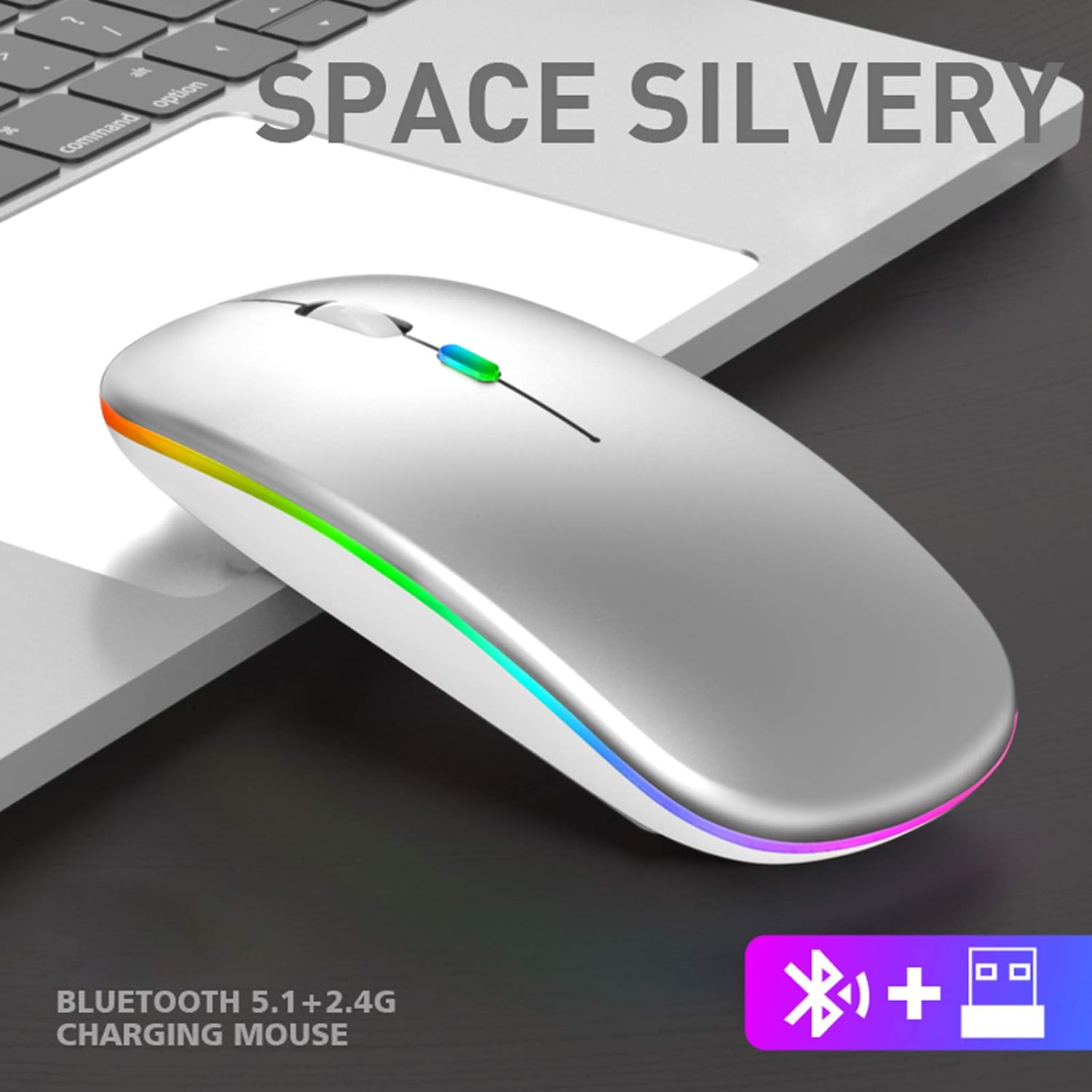 Mouse wireless ricaricabile, mouse Bluetooth, due modalità (BT 5.1 + wireless 2.4G), silenzioso, 3 livelli DPI (800-1200-1600), mouse wireless con lu - 4