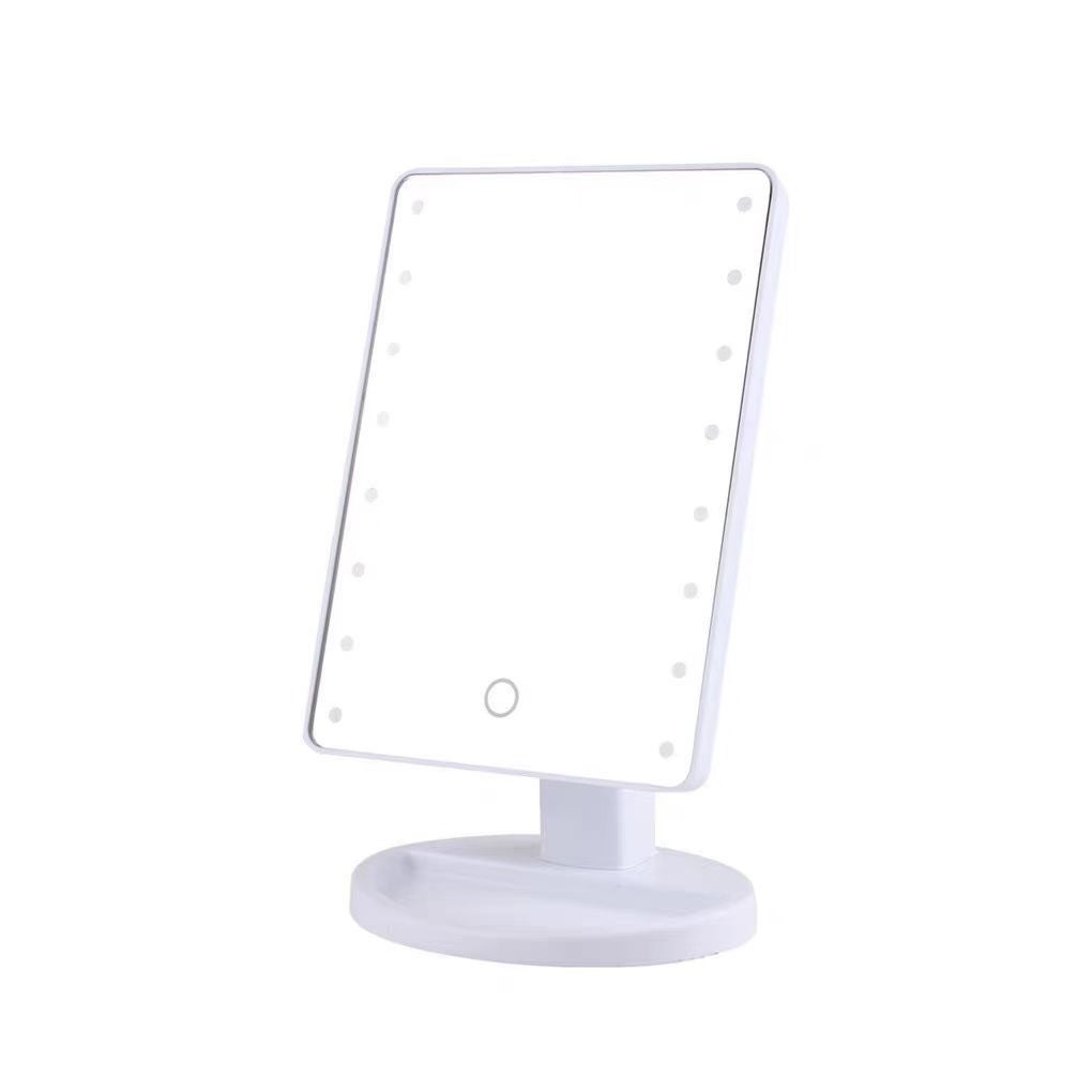 Lusterko kosmetyczne LED, 16 diod LED, pochylenie 180°, obrót 360°, podstawa z półką, biały design, lusterko do makijażu, akcesoria łazienkowe