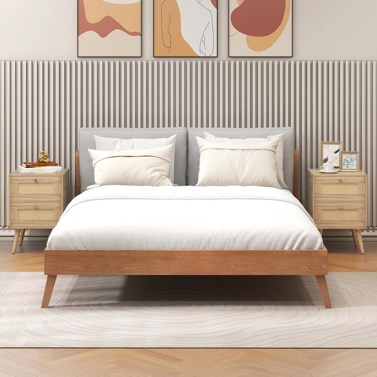 Comodino in Rattan con 2 Cassetti, Tavolini Laterali Moderni con Gambe in Legno Massello, per Soggiorno e Camera da Letto, 40 x 40 x 59 cm (1) - 7