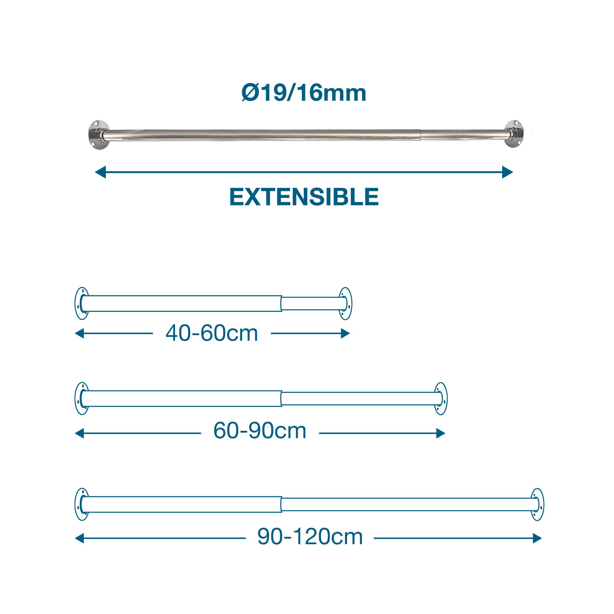 Barre de Penderie Extensible , Tringle Armoire en Métal, Resistante. Facile à placer avec Suports et Vis, Diamètre 16/19mm | 40-60cm - 5