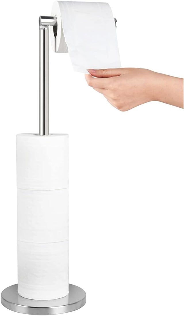 Porta-rollos de papel higiénico de pie para baño, de acero inoxidable, soporte para 5 rollos, dispensador de papel sin perforación, plateado