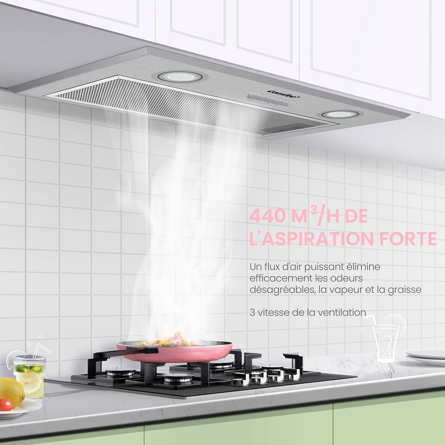 COMFEE Hotte de Cuisine Encastrable Visière 52cm - 440m³/h - 3 Vitesses -Recyclage Évacuation-2 LED Lampes - 4