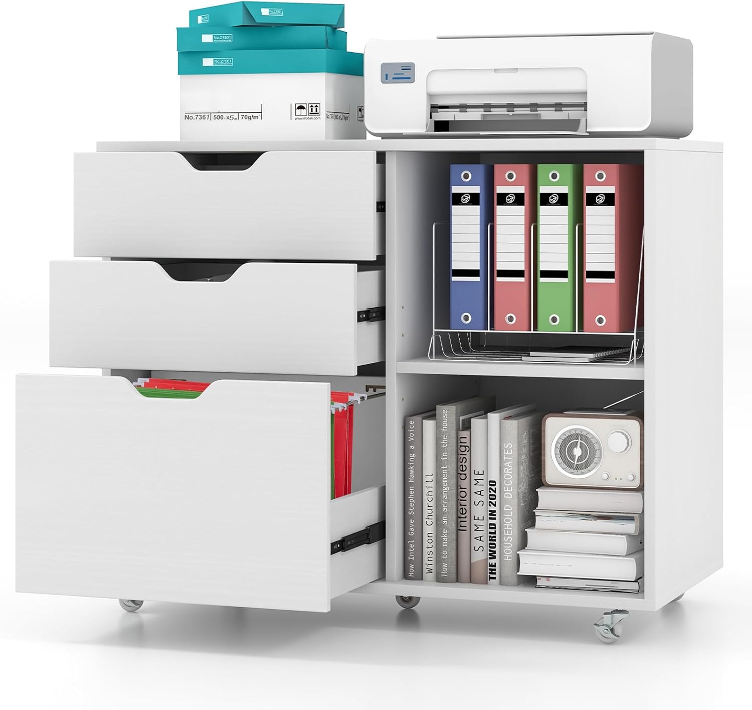 Caisson Bureau Roulant 3 Tiroirs - Plateau Bois - Meuble Imprimante Mobile - Blanc Rétro