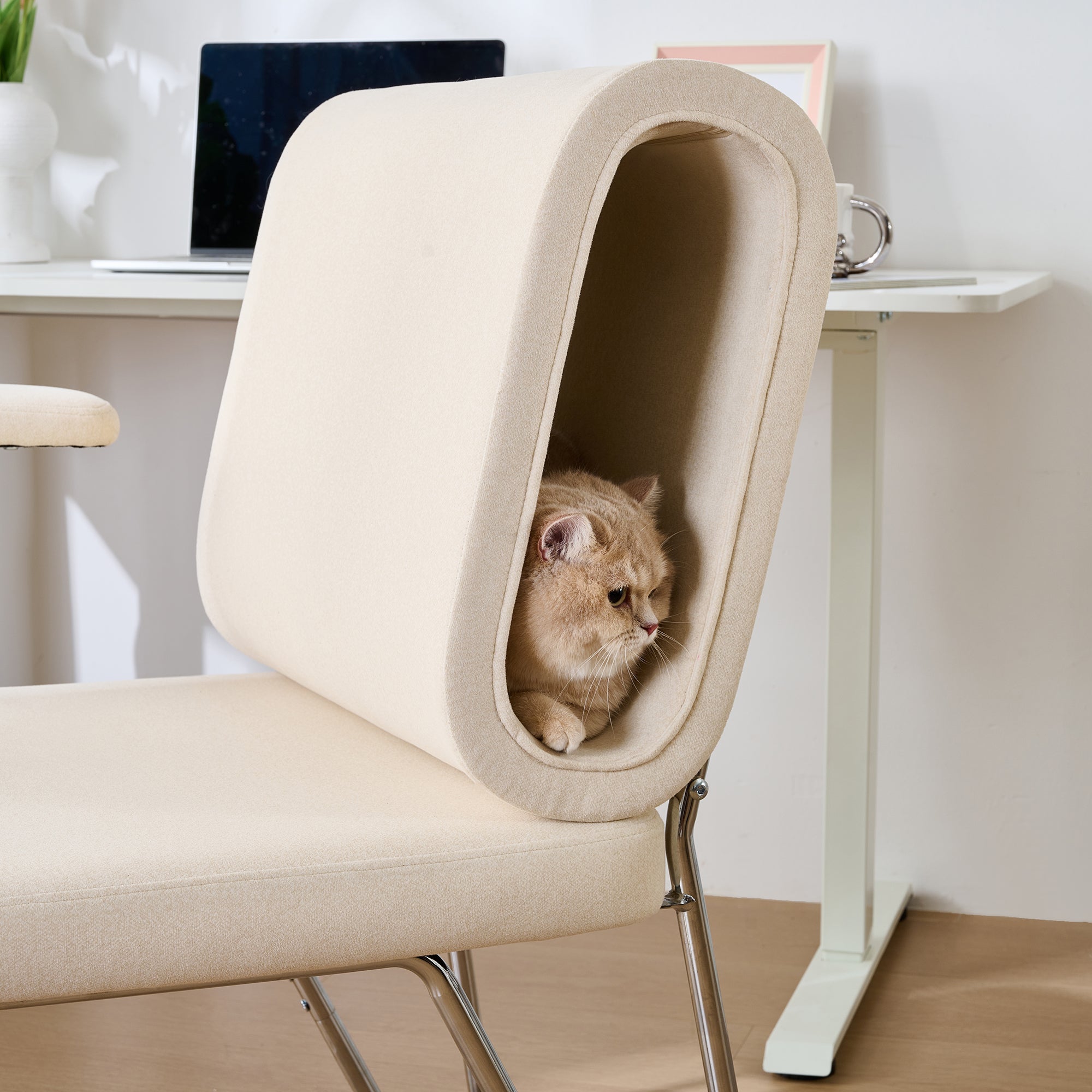 Chaise de bureau rembourré avec accoudoirs - 77 x 70 x 89 cm - Bois + Acier + Tissu anti-griffures - Panier pour chat - Beige - 9