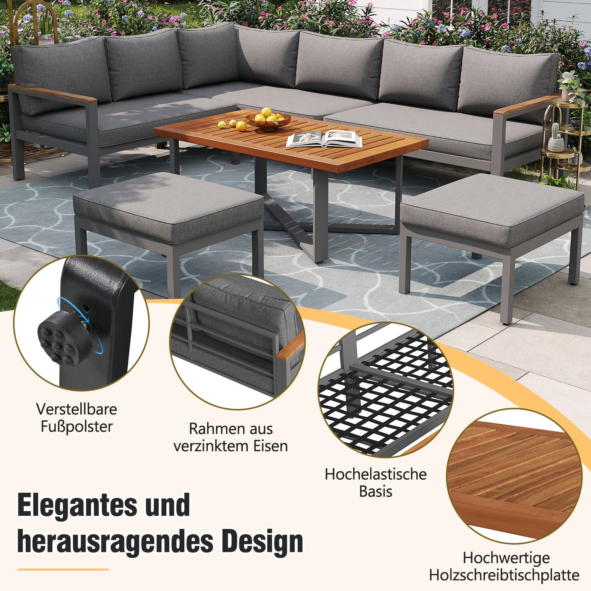 Ensemble de jardin en fer pour 7-8 personnes, ensemble de sièges et table résistant aux intempéries, mobilier pour balcon et terrasse, gris - 8