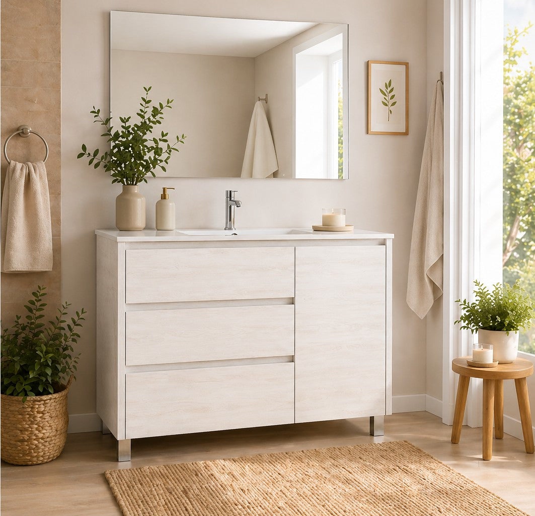 Set mobilier de baie VOLUM 3 sertare și ușă, lavoar și oglindă Alb Nordic 80x45 cm