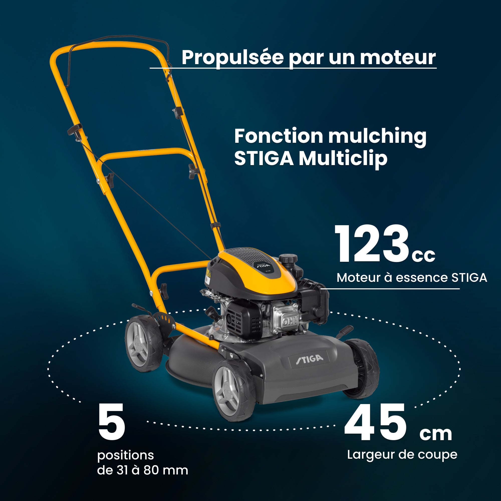 STIGA Multiclip 47 Tondeuse Thermique Poussée 123 cc 45 cm de Coupe Système Mulching Guidon Pliable - 7