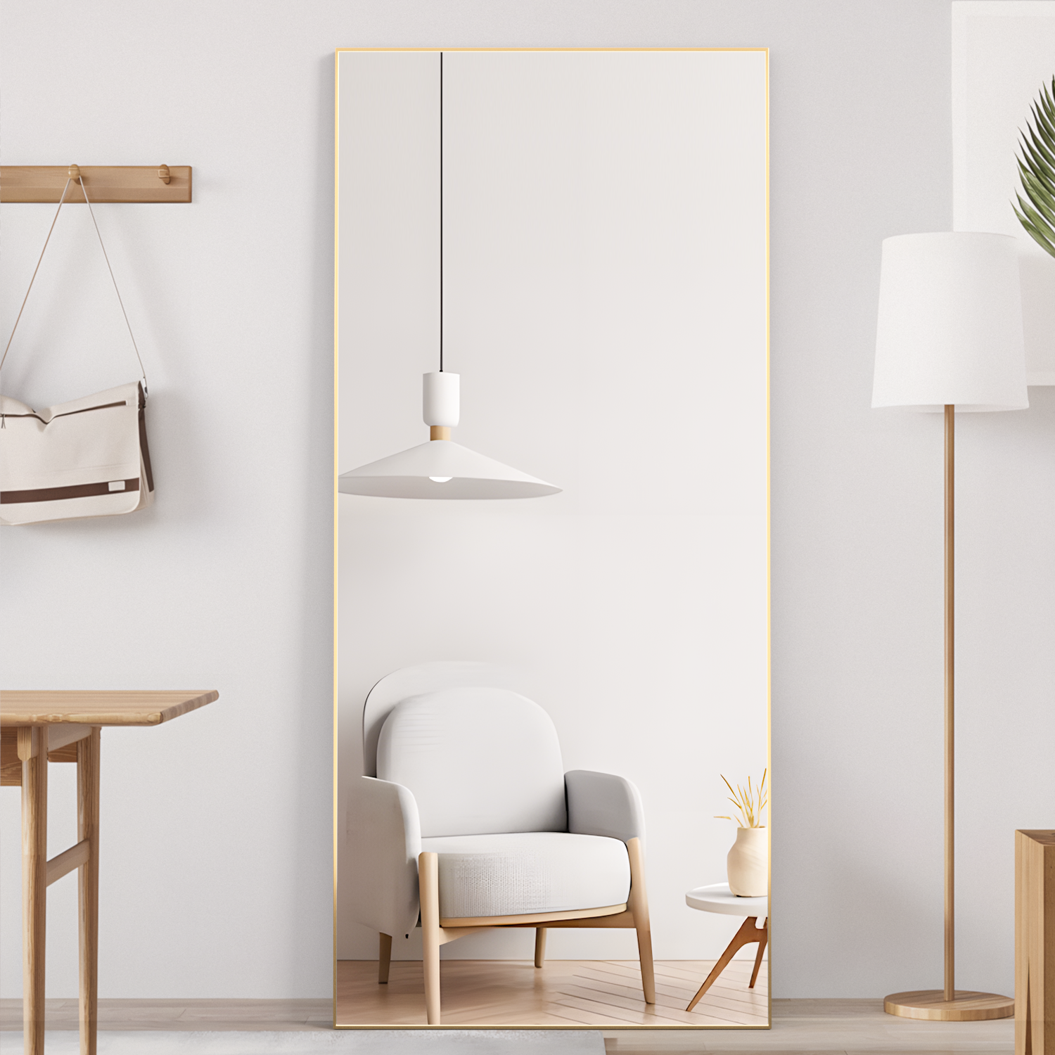 Espejo de piso rectangular, espejo de pared de cuerpo entero, marco de aluminio, independiente o colgante, dorado - 3