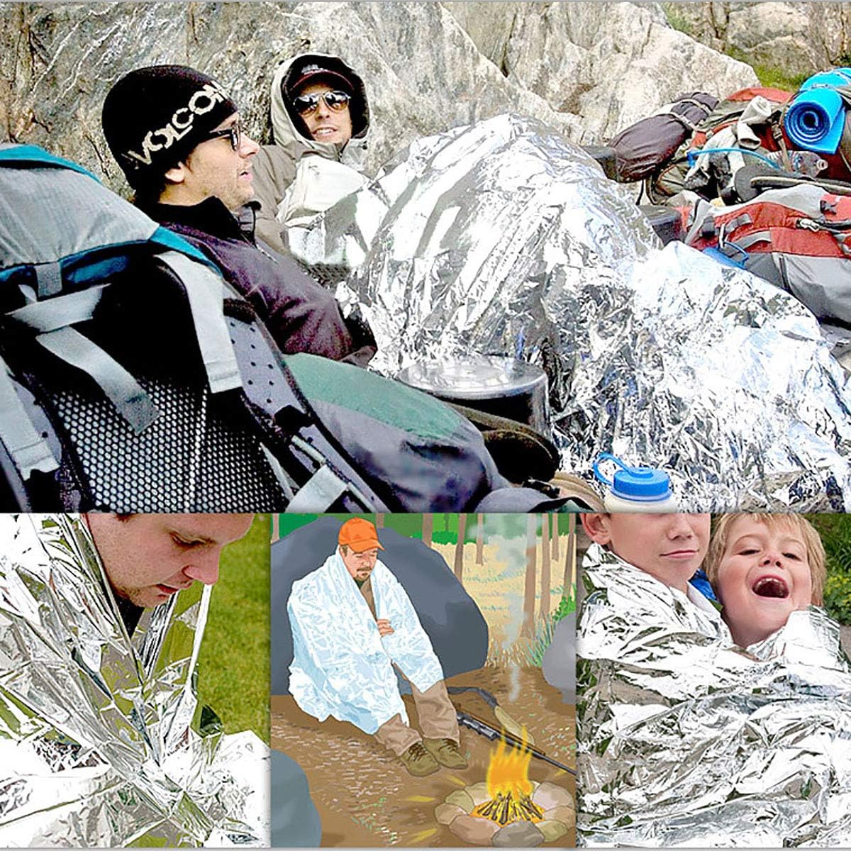 Couverture de survie d'urgence, couverture de camping multifonctionnelle, argent, 160 x 210 cm, 5 pièces - 2