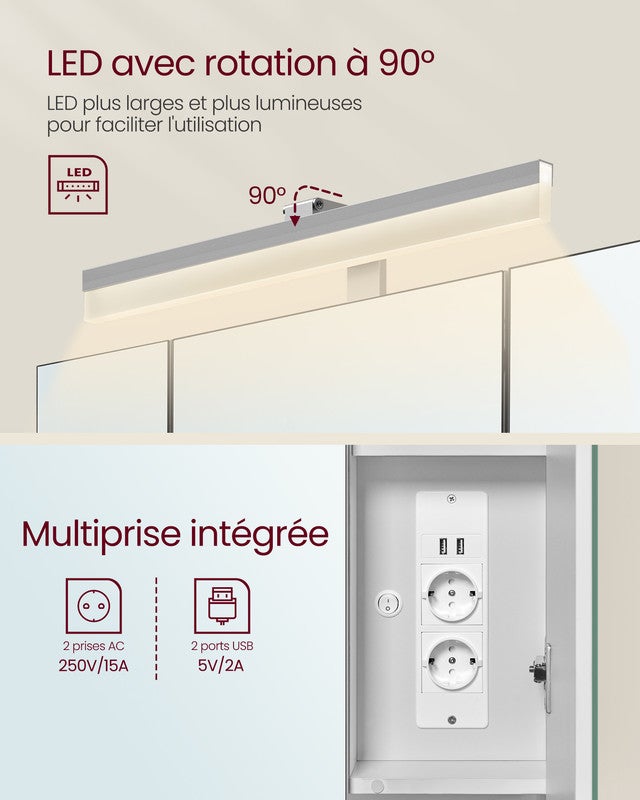 Meuble de Salle de Bain 3 Portes, Armoire Murale avec Miroir, Multiprise, Panier Suspendu, Support pour Sèche-Cheveux, Blanc Nuage - 6