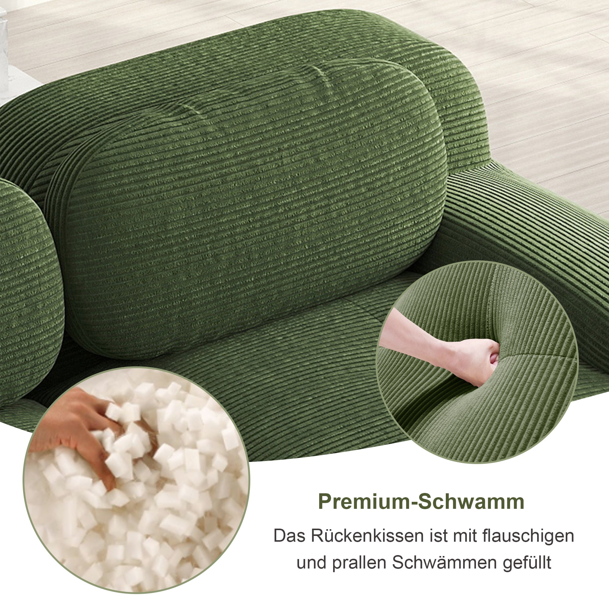 Canapé d'angle modulable ergonomique, Canapé d'Angle velours côtelé avec&nbsp;poufs, accoudoirs extra larges, rembourrage 32D, Canapé 3 Places vert - 5