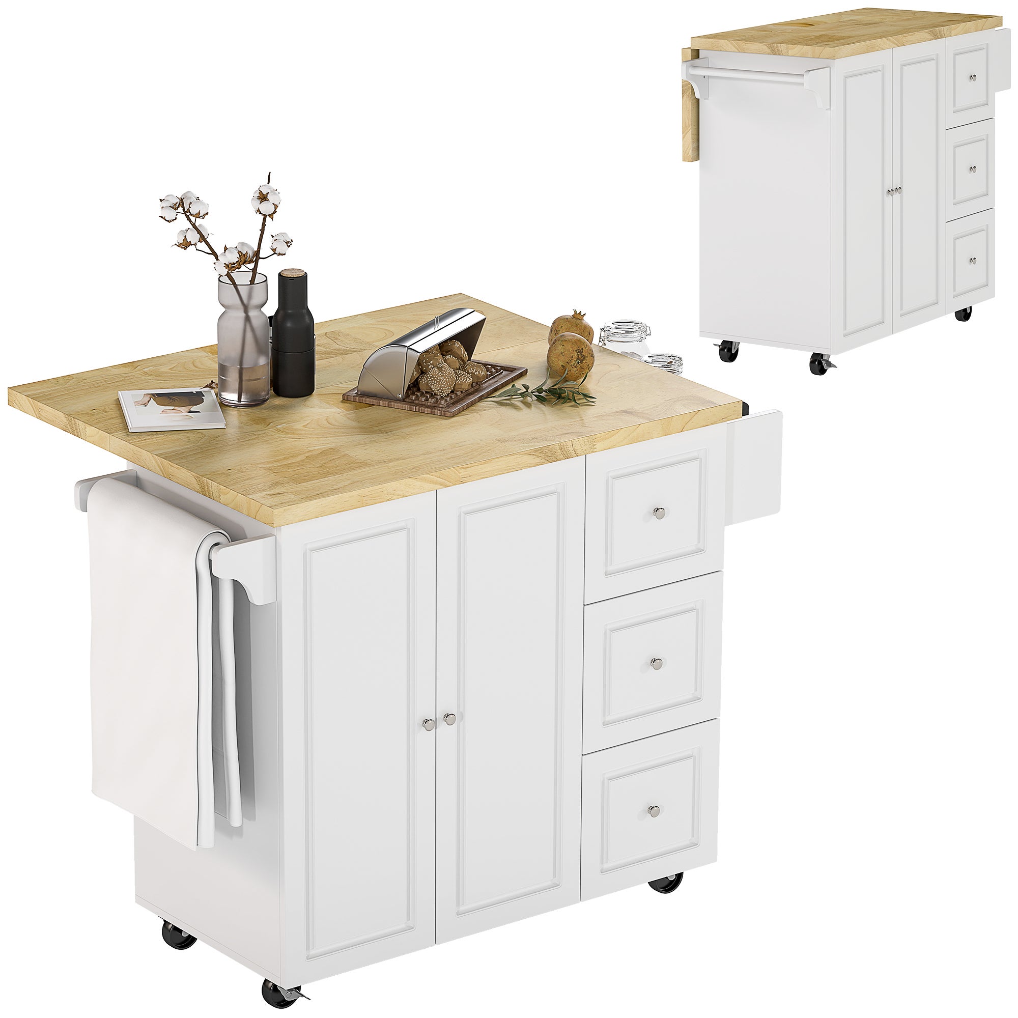 Carrito de servicio para isla de cocina con tapa plegable, 3 cajones, 1 armario con toallero y especiero, 111,5 x 75 x 89 cm, blanco - comfortxl