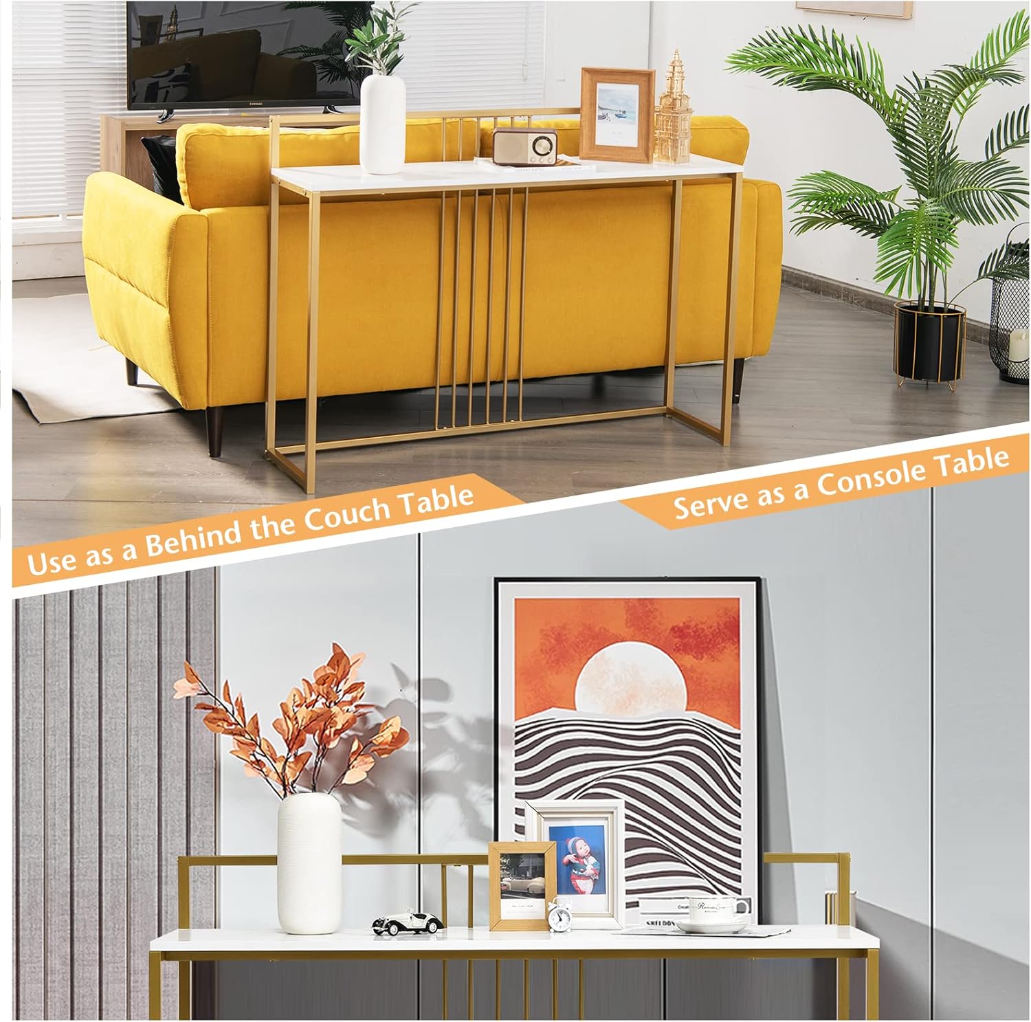 Consolas e mesas de sofá, com hastes reforçadas, armário para guardar objetos para sala de estar e entrada, 120x32,5x88 cm, branco e dourado - 5