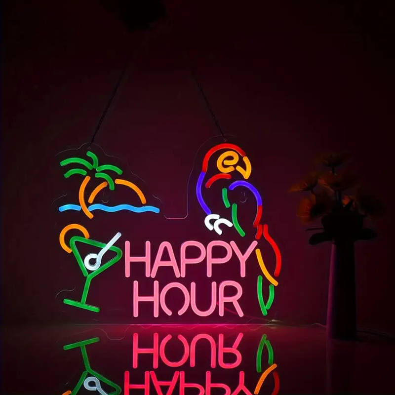 Papuga LED Happy Hour Neon Sign idealny do barów klubów pokoi hoteli kawiarni wesel przyjęć urodzinowych i dekoracji na okazje