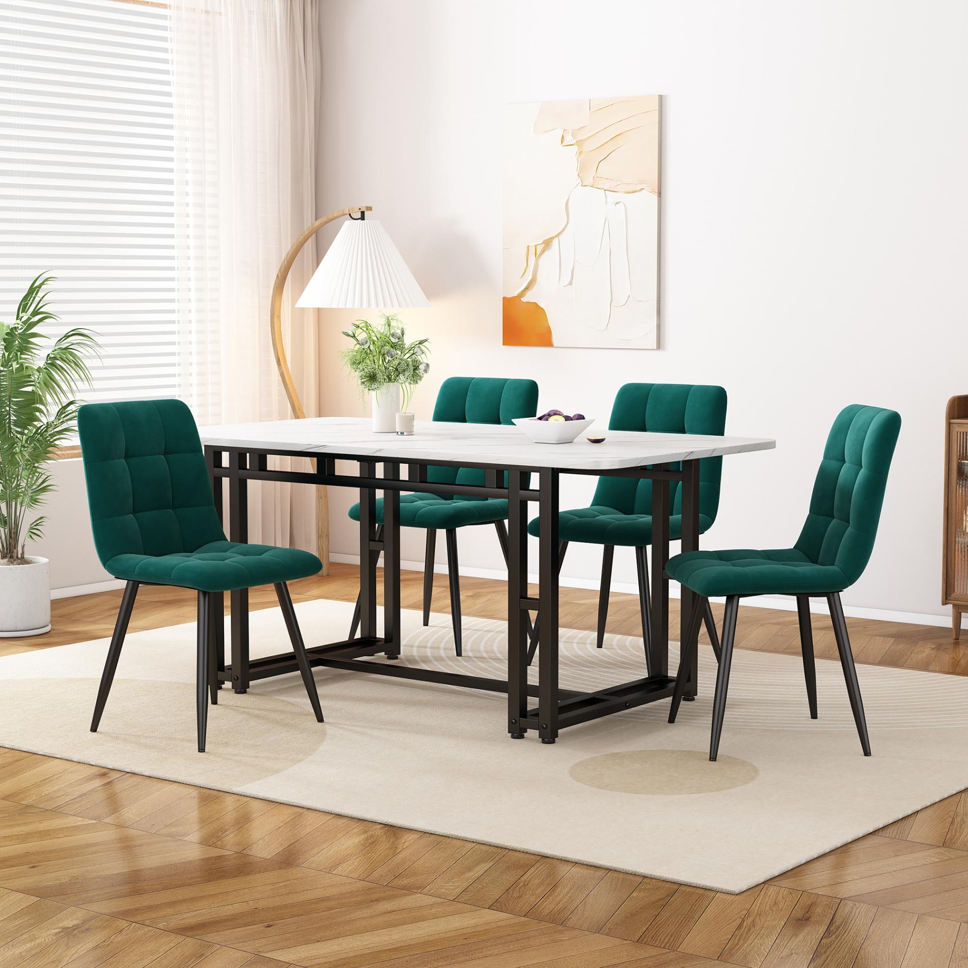 Nowoczesny zestaw stołowy do jadalni (120 x 70 cm) z 4 welurowymi krzesłami i czarnymi metalowymi nogami, łączący elegancję i wygodę