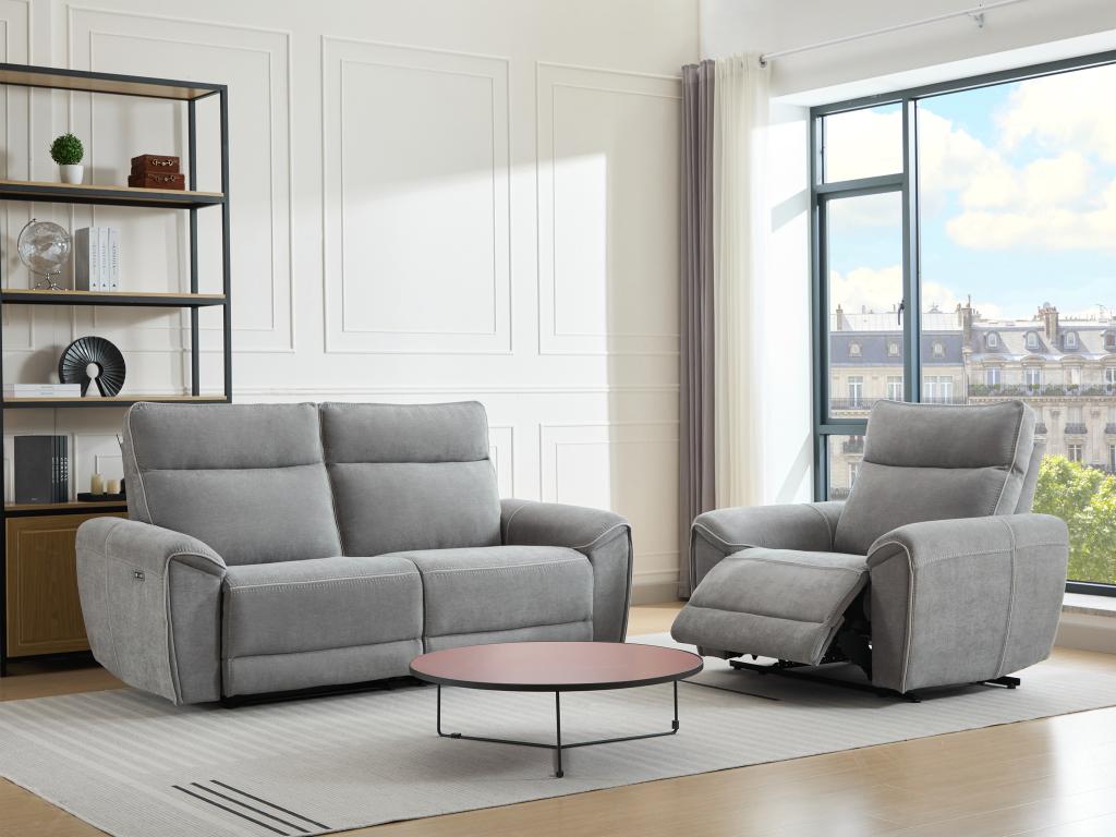 Divano posti e poltrona relax elettrica in tessuto grigio