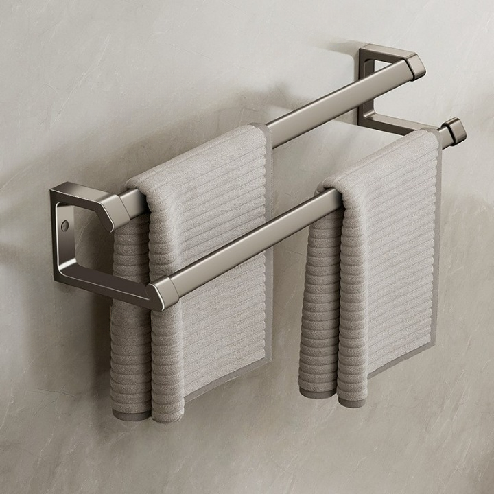 Szary wieszak ścienny na ręczniki 50 cm, wieszak łazienkowy na ręczniki, podwójny drążek, uchwyt ścienny bez wiercenia, aluminiowy wieszak na ręczniki