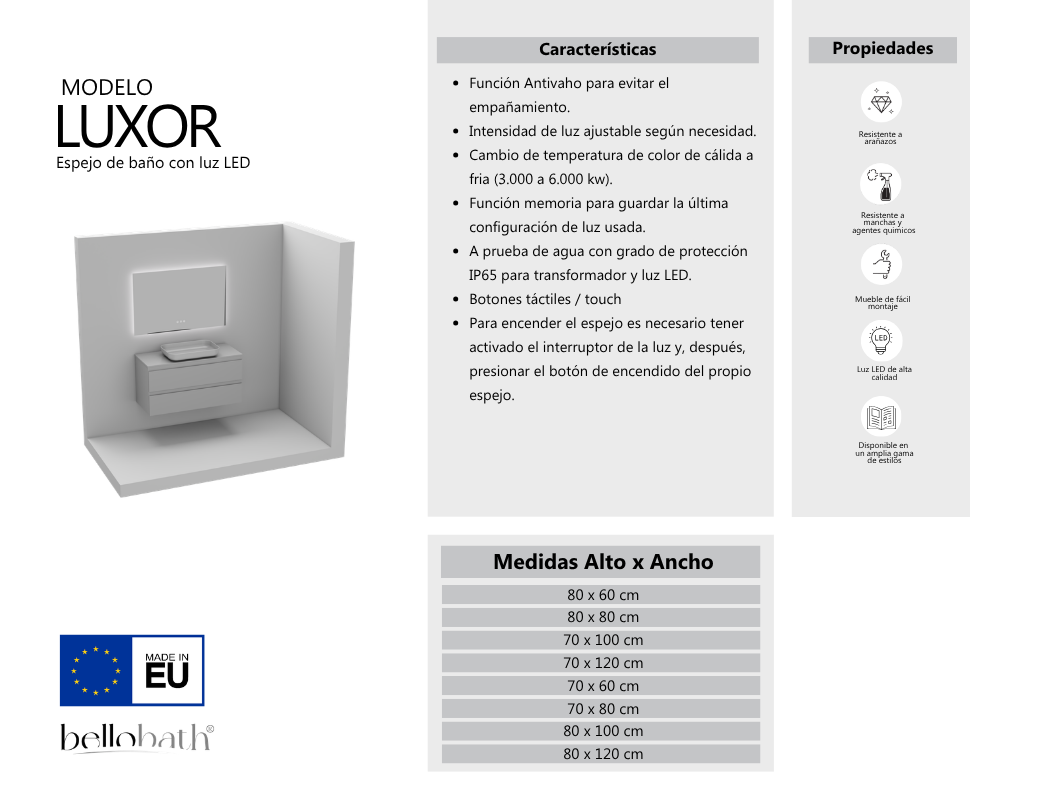 BELLOBATH - Miroir de salle de bain avec éclairage LED, lumière réglable en 3 couleurs et intensités - Éclairage indirect - 70cm haut x 120cm largeur - 8