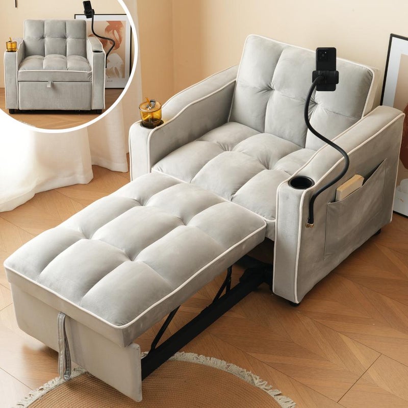 Sofa rozkładana 3 w 1 z aksamitu z uchwytem na kubek i stojakiem na telefon – rozkładana sofa, kompaktowa do małych przestrzeni, 83 x 167 x 76 cm