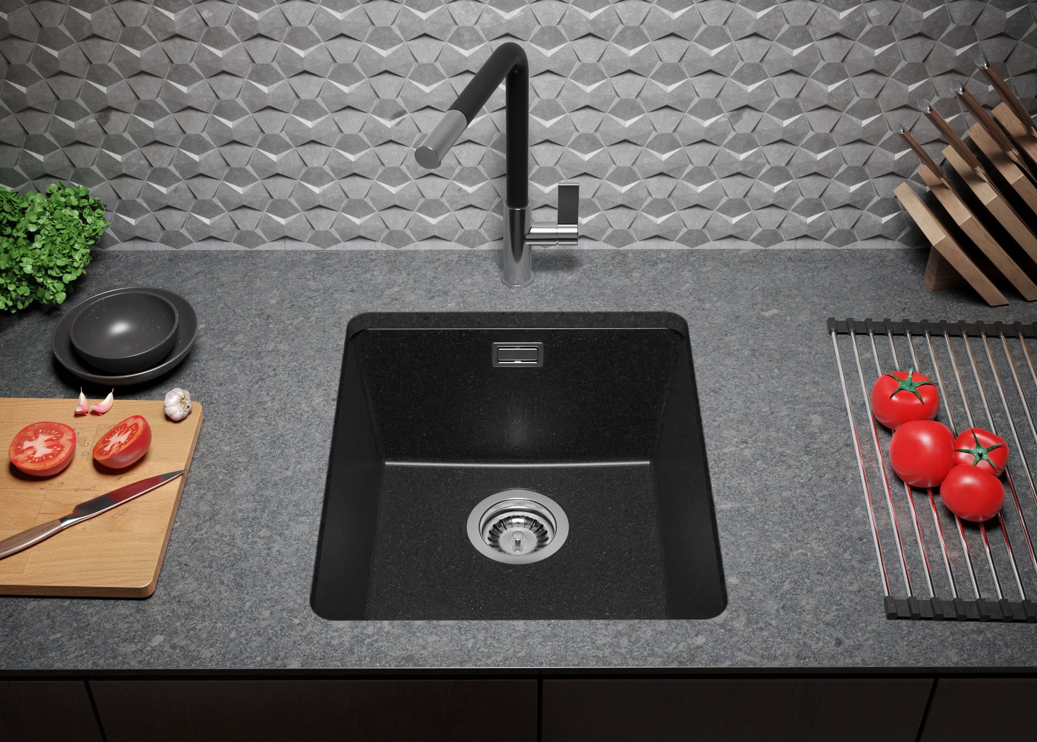 Evier Sous Plan Graphite 41x47cm, Evier en Granit 1 bac + Kit de Vidage, Évier au meuble 45cm - London PRIMAGRAN - 3