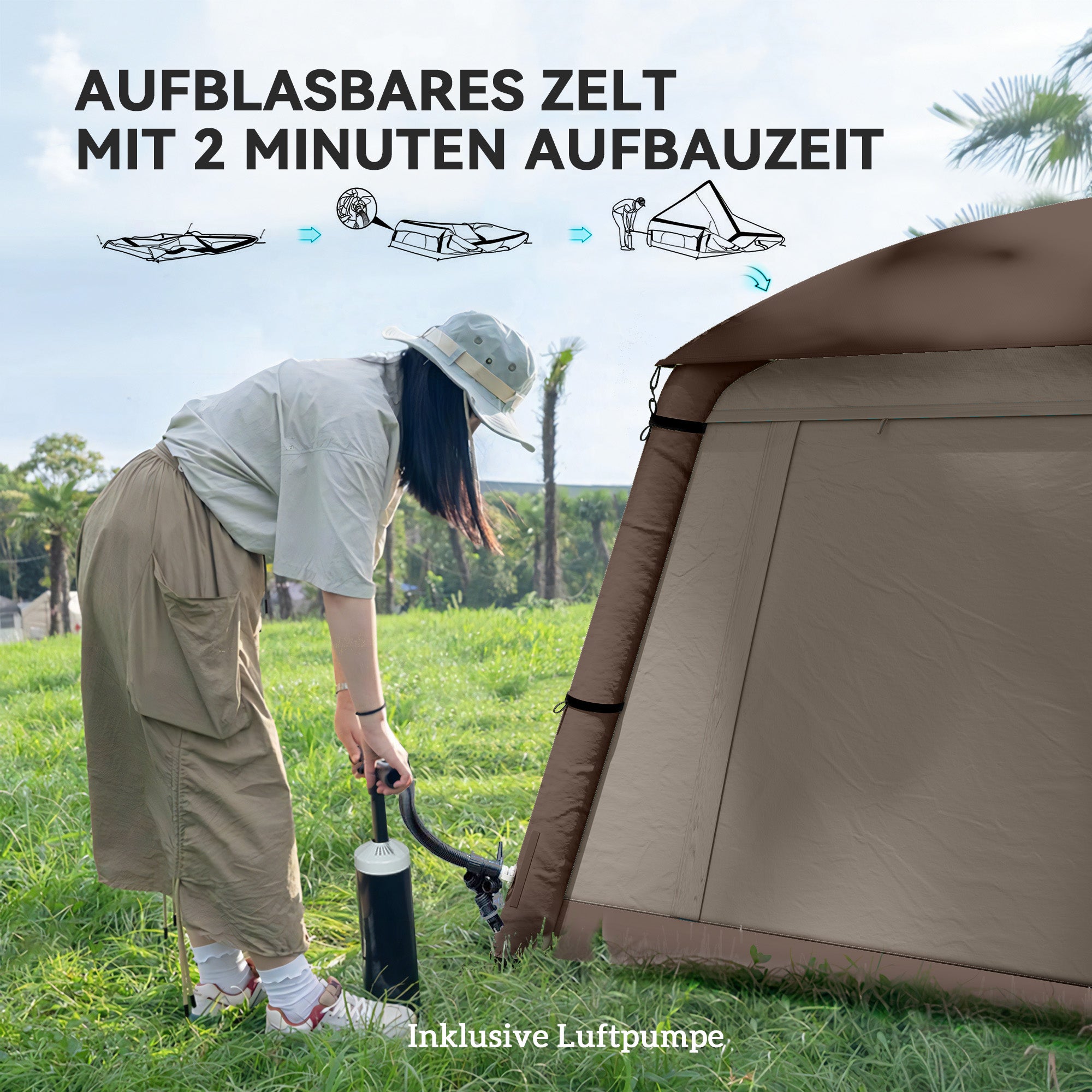 Tente de camping gonflable Tente familiale extérieure 1-2 personnes avec pompe à air à crochet, fenêtres, portes pour 4 saisons - 6