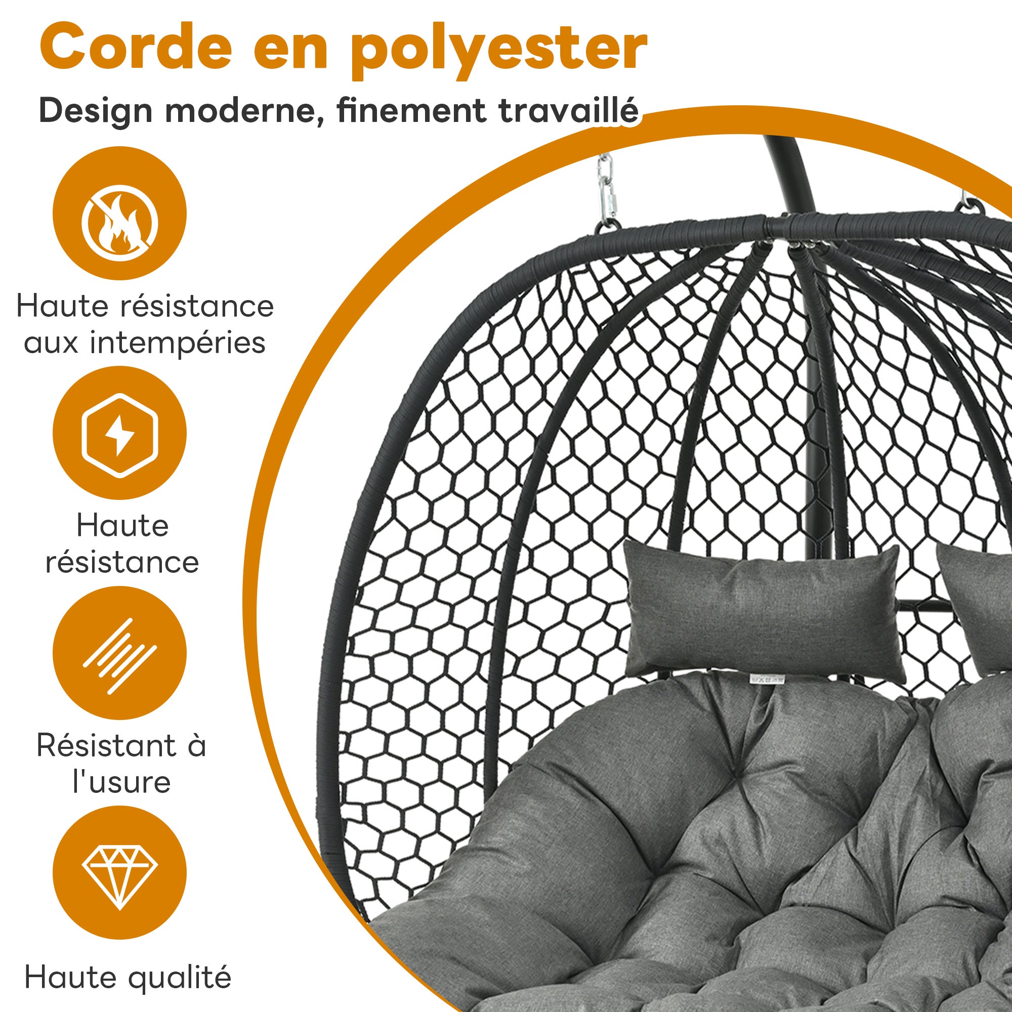 Fauteuil suspendu œuf avec pied, balancelle hamac extérieur avec repose-pieds et coussins, fauteuil à bascule double,structure acier, gris - 6