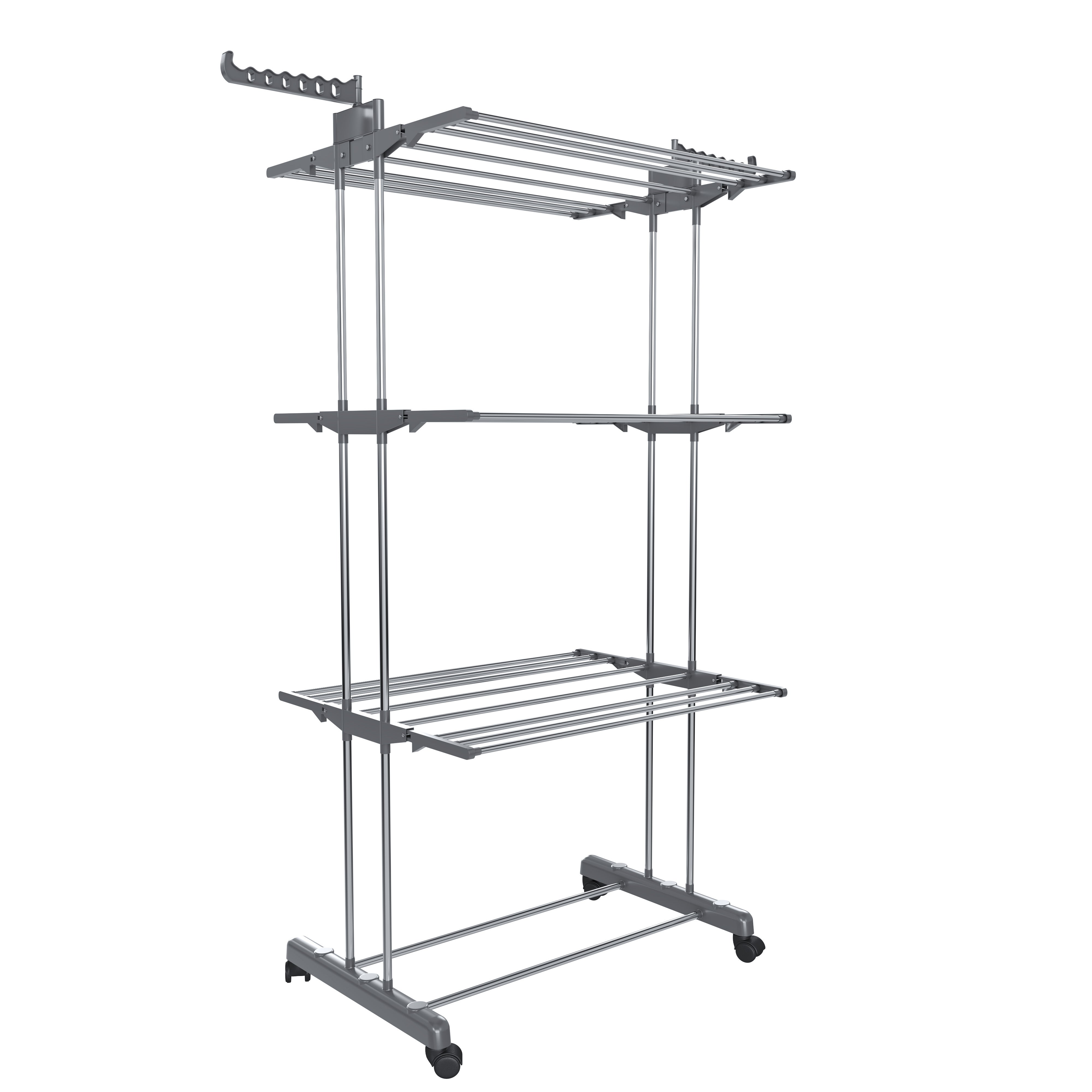 Stendibiancheria A Rotelle Stendino A Torre Verticale In Acciaio E ABS 4 Piani Pieghevole Salvaspazio Con Ali Richiudibile Biancheria Interno Grigio - 7