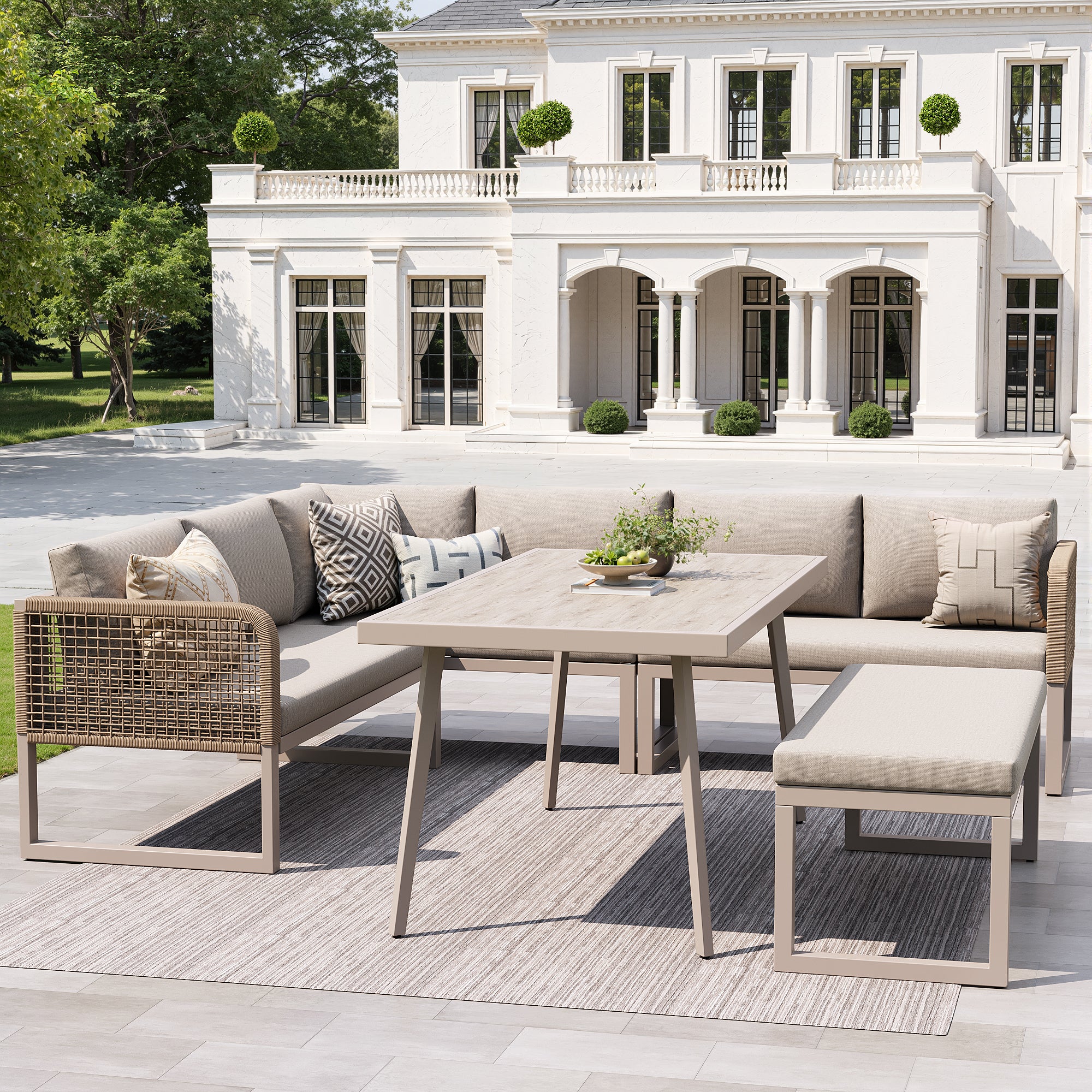 Salon de Jardin d'extérieur 6-8 places,Avec coussin d'assise et dossier,Rotin PE tissé à la main,Canapé de jardin résistants aux intempéries,Beige - 3