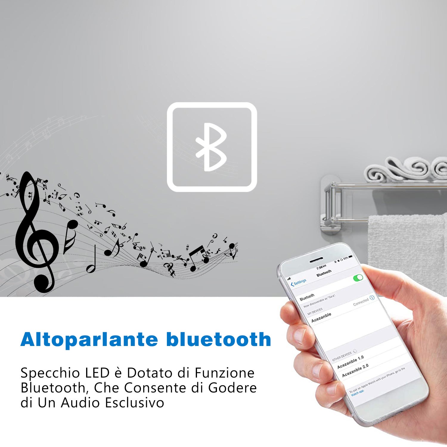 Specchio bagno rettangolare 80x60 cm con luce led, antiappannamento, touch e altoparlante bluetooth - 4