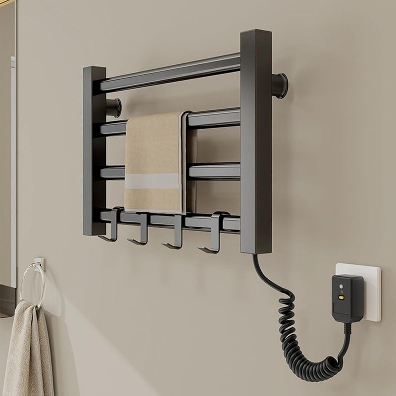 Czteropunktowy etryczny grzejnik na ręczniki, mały grzejnik łazienkowy z haczykami, montowany na ścianie, czarny.