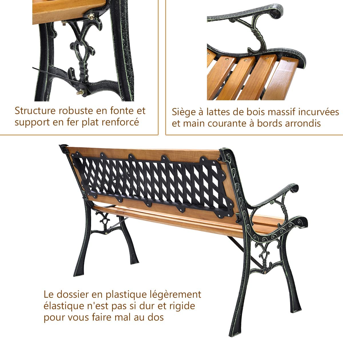 Banc de Jardin Mobilier Extérieur 125 cm en Fonte Siège à Lattes Cadre en Bois Dossier en Plastique Capacité de Charge 210KG - 4