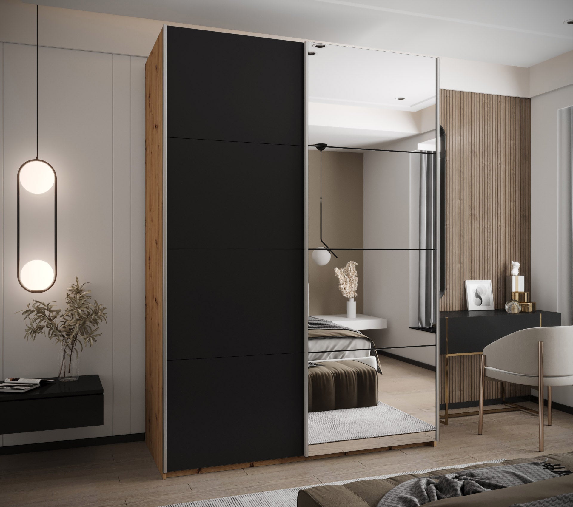 Szafa przesuwna wysoka Lux 3 180 x 64 x 245,5 cm artisan + czarny + u. srebrny - Abiks Meble - 2