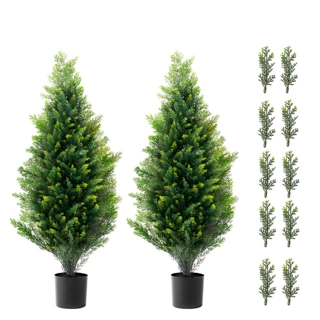 Set di 2 alberi topiari artificiali SucceBuy in cedro 91,4 cm, pini e cipressi finti a foglie perenni, con foglie extra e vaso, resistente ai raggi UV